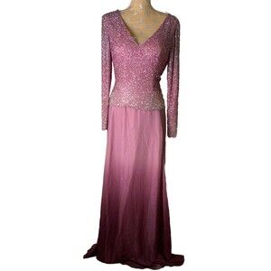 Cassandra Stone Beaded Maxi Silk Dress Ombre RosePink Purple 8 Embellished Party